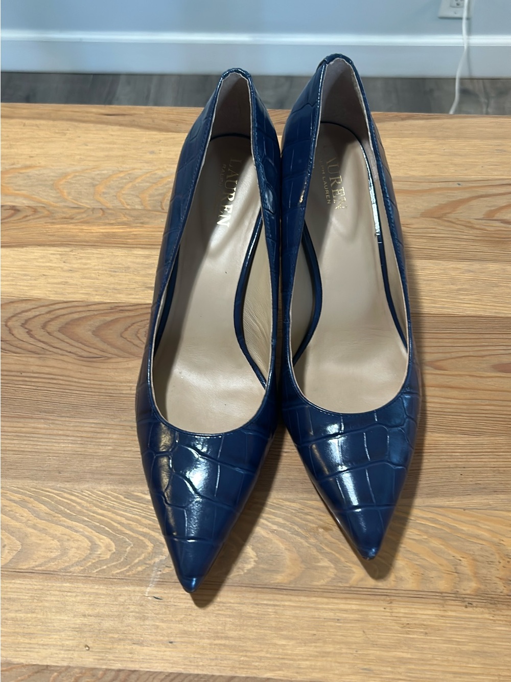 Ralph Lauren Blue Croc-Embossed Pointed-Toe Pumps